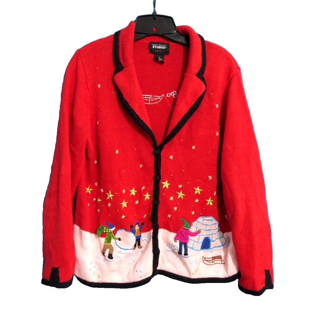 VTG DESIGNERS ORIGINALS Red Cardigan SNOW DAY KIDS PLAY Christmas Sweater S